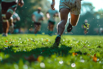 A dynamic rugby team training session on a sun-drenched grass pitch