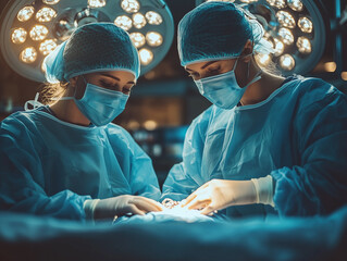 Surgeons performing an operation in a well-lit surgical room during a complex medical procedure
