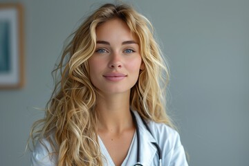 Friendly young blonde doctor invites with smile, symbolizing care and support on gray background