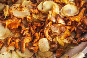 Fried potatoes with chanterelle mushrooms in butter. Close-up. Selected focus. Background.