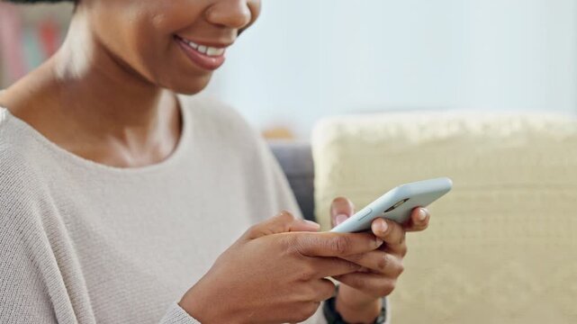 Smiling woman texting on phone and joining online dating app. Connecting or networking with friends on social media or playing games on technology. Closeup of happy woman sending flirty text messages