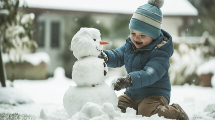 Cheerful child building snowman in winter garden, wearing blue jacket and hat, enjoying wintertime activities, outdoor playtime concept