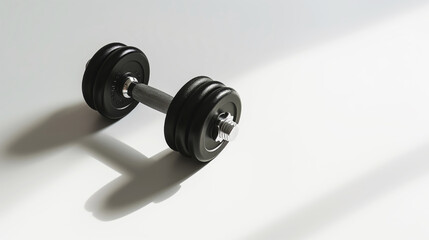 Single black dumbbell casting shadow on white background, isolated free weight for strength training, fitness concept