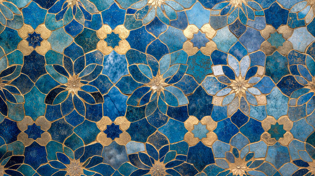 A pattern of intricate blue and turquoise Moroccan tiles, resembling an abstract mosaic with various shapes and patterns. 