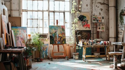 Artistic Studio with Easel and Paintings