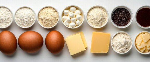 Bechamel Sauce Ingredients, Top View, Skillet Pan, Cheese, Flour, Milk, Preparation, Detailed