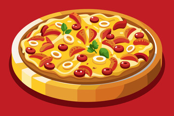  Delicious creamy Mac and Cheese pizza with bacon. Traditional American cuisine dish vector illustration