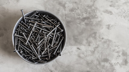 Top view of a metal bowl filled with various screws and nails on a textured concrete surface. The arrangement emphasizes industrial elements and DIY construction concepts