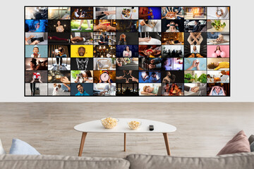 A collage of diverse images, each depicting a different scene and activity, is displayed on a television screen in a modern living room. The television screen is mounted on a white wall