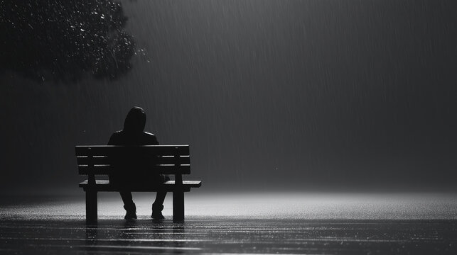 Solitary figure on bench in dark park, illuminated by rainfall and dramatic lighting, silhouetted in the night, solitude concept