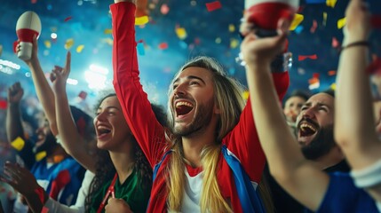 Obraz premium Excited fans at a sporting event cheering and celebrating, with bright lights and confetti in the background, creating a lively and energetic atmosphere