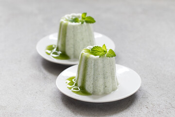 Mint Cream pudding. Panna Cotta. With mint sauce