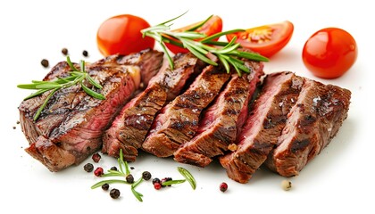 Grilled sliced steak beef juicy rib fillet, white background