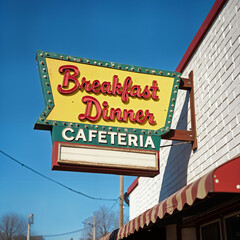 A building with a sign that reads "Breakfast Dinner Cafeteria" on the side of it. There is a window in the building, and in the background there are trees, poles, wires, and a clear sky.