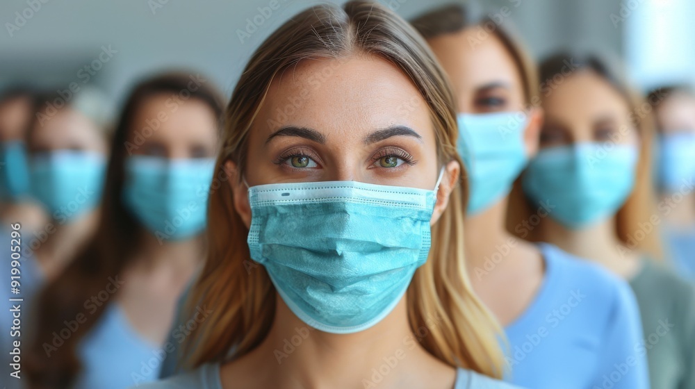 Poster airport scene illustrate passengers wearing masks while waiting in line for check-in or security scr