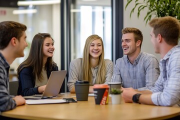 Obraz premium A group of young professionals in an office setting gathered around a table laughing together during their team meeting or training session.