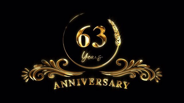 63rd Anniversary Celebration. Happy 63 Years Anniversary Animation in Gold Color on the Transparent Background, Alpha Channel. Great for greetings, celebrations, events, and gifts.