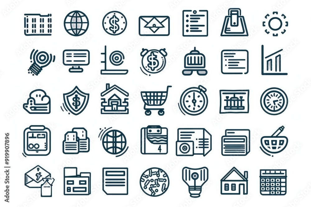 Poster a collection of financial symbols and icons for use in presentations and designs