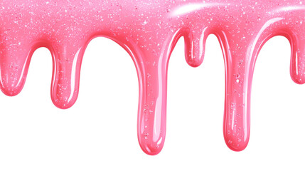  Dripping glossy pink slime with glitter isolated on white background. Glossy pink caramel icing. Jelly or caramel icing for cake or donut.