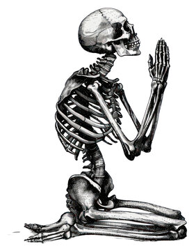 PNG  Praying skeleton in kneeling position