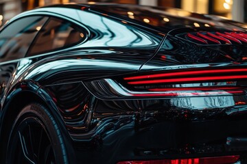Fototapeta premium The sleek tail light of a luxury car shines brightly against the backdrop of a bustling city, reflecting intricate details and warm city lights.