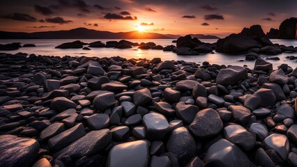 Obraz premium Wallpaper featuring black stones and rocks at sunset, with an empty background.