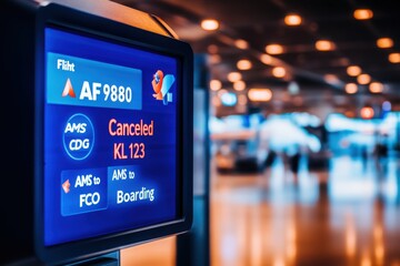 The boarding screen reveals a canceled flight amid a bustling airport atmosphere, with travelers preparing for their journeys.