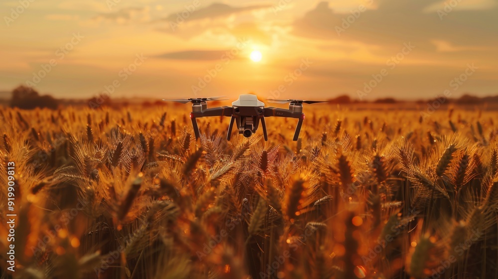 Poster capture the precision of a drone conducting precision agriculture operations in industrial farming, 