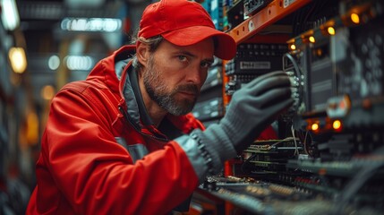 Capture the precision of a technician replacing a faulty power supply unit PSU in a desktop computer, restoring reliable power