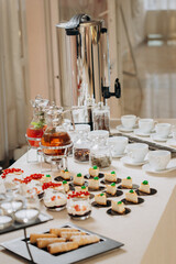 Dessert buffet with delicious sweet bakery and coffee-snack with stylish banks of lemonade and tea