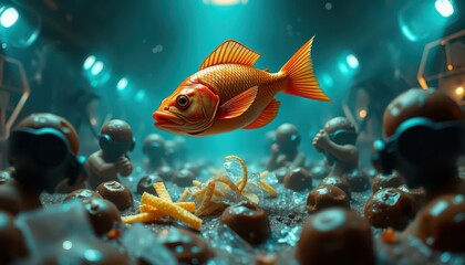 Fototapeta premium Goldfish Floating Above Chocolate Candies and Orange Zest.