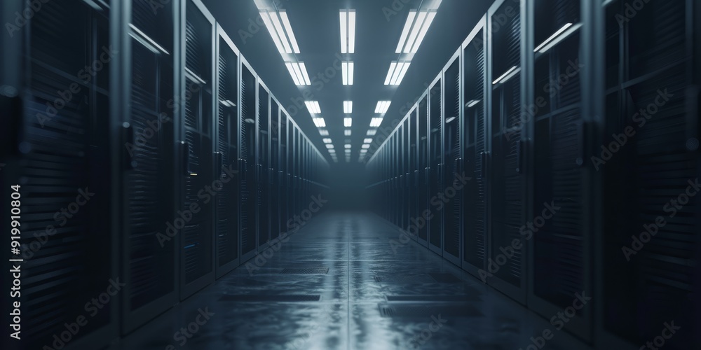 Poster a sleek and ultramodern data center corridor featuring brightly illuminated server racks and a highl