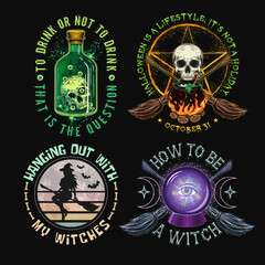 Fototapeta premium Labels with cauldron, skull, bottle with green potion, magic ball, criss crossed brooms, pentagram sign, magic ball, wiccan signs, text. Colorful witchy illustrations on black in vintage style