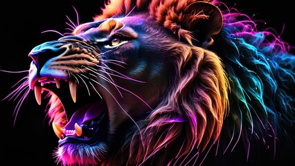 Roaring Aggressive Lion: High-Resolution Digital Desktop Wallpaper with Neon Plexus and Trendy Black Background