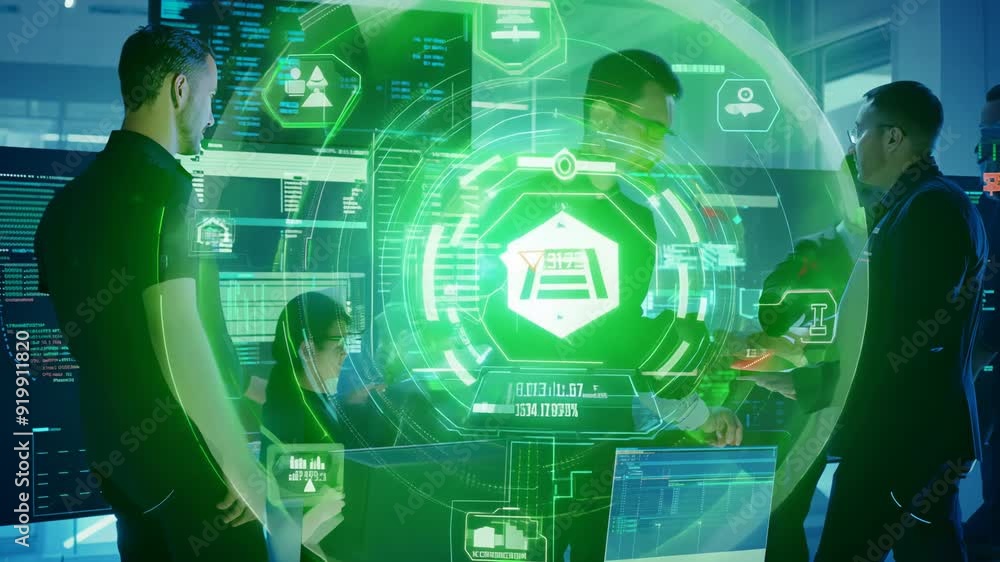 Poster a group of cybersecurity professionals discusses strategies in a modern command center filled with s