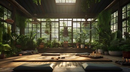 Fototapeta premium An indoor greenhouse with lush greenery, featuring a yoga mat for a mindful practice in a botanical oasis.