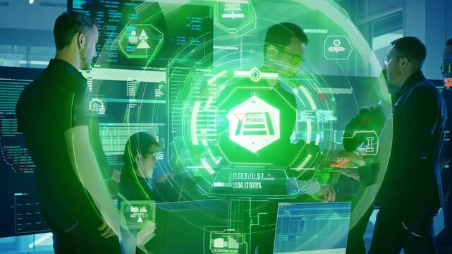 A group of cybersecurity professionals discusses strategies in a modern command center filled with screens