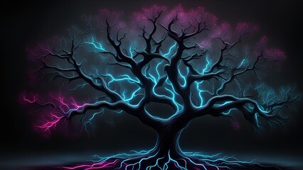 Obraz premium Neon Plexus Oak Tree: High-Quality Digital Desktop Wallpaper with Stunning, Trendy Black Background Design