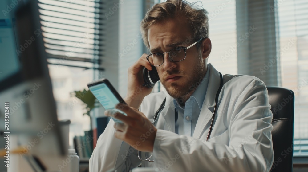 Poster A scientist taking a call while wearing a lab coat, great for business or tech related concepts