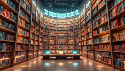Modern Library Interior with Bookshelves and Computers.