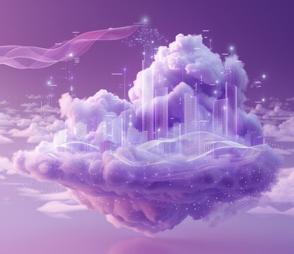 Futuristic floating cloud city with neon lights in the sky