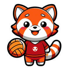 a KAWAII style illustration of A red panda holding a volleyball ball