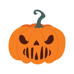 Halloween pumpkin with a carved face. Orange fall pumpkin. Vector illustration in flat style. Hand-drawn style. White isolated background.