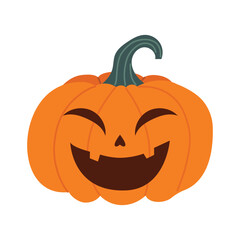 Halloween pumpkin with a carved face. Orange fall pumpkin. Vector illustration in flat style. Hand-drawn style. White isolated background.