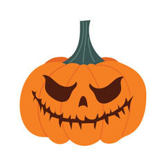 Halloween pumpkin with a carved face. Orange fall pumpkin. Vector illustration in flat style. Hand-drawn style. White isolated background.