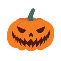 Halloween pumpkin with a carved face. Orange fall pumpkin. Vector illustration in flat style. Hand-drawn style. White isolated background.