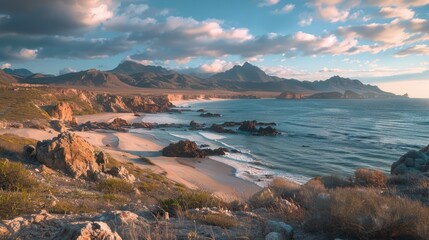 Coastline scenery with mountain range in the distance, perfect for travel or landscape use