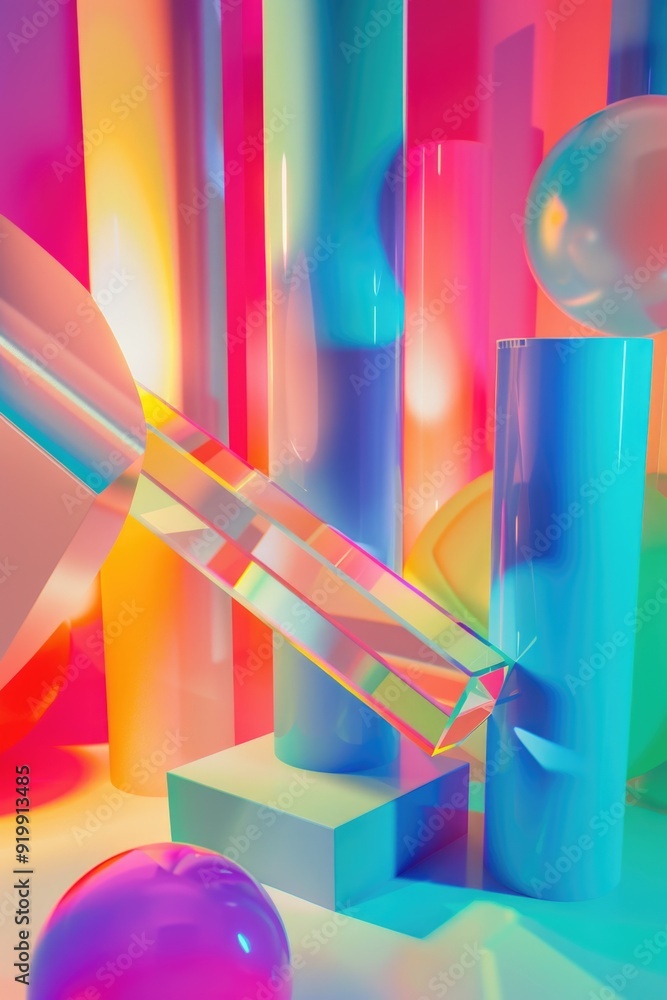 Poster A collection of various colored objects arranged on a table