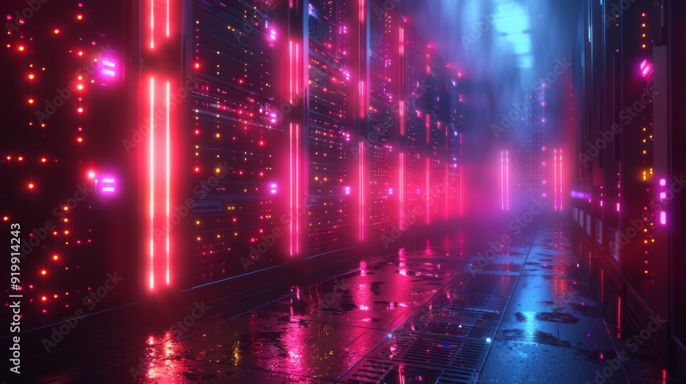Poster curate a neon series of database symbols, including shimmering server
