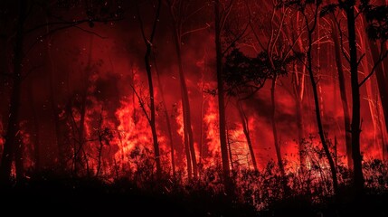 Night red forestry wood warm ignite accident wild glow flare ash view bright red text space Dark black hand draw big oven smoke risk destroy dry climate hazard frame icon sign concept art sketch style